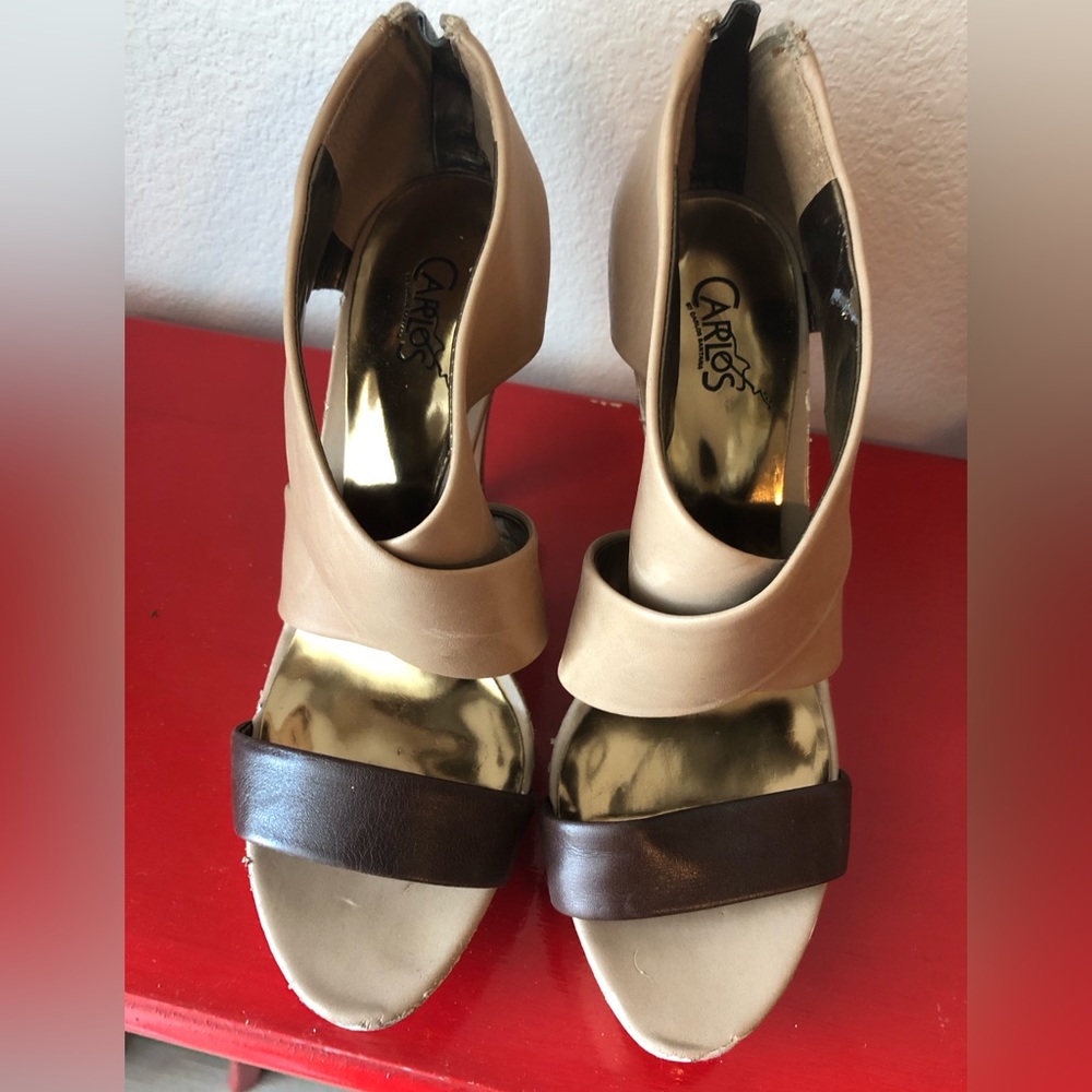 Brown and tan platform heels.